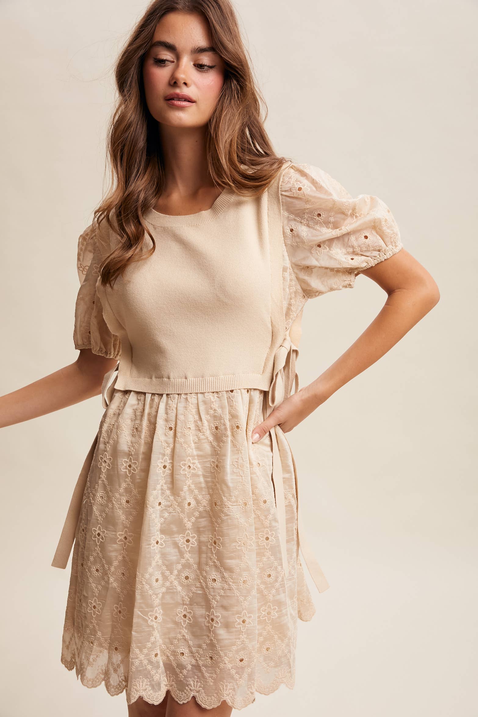 Embroidered Puff Sleeve Dress with Knit Vest LD1522