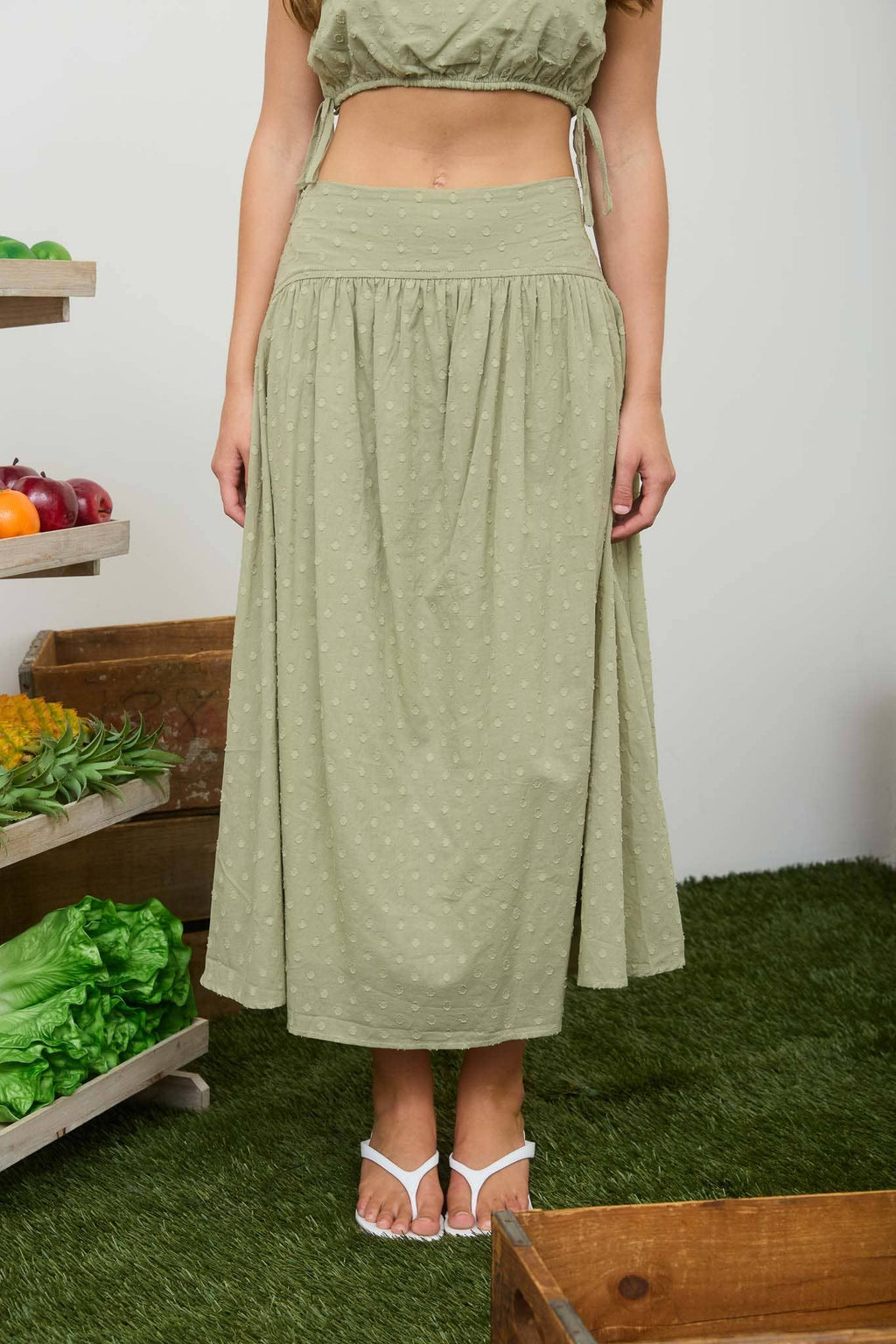 CLIP DOT WAIST BAND DETAIL MAXI SKIRT