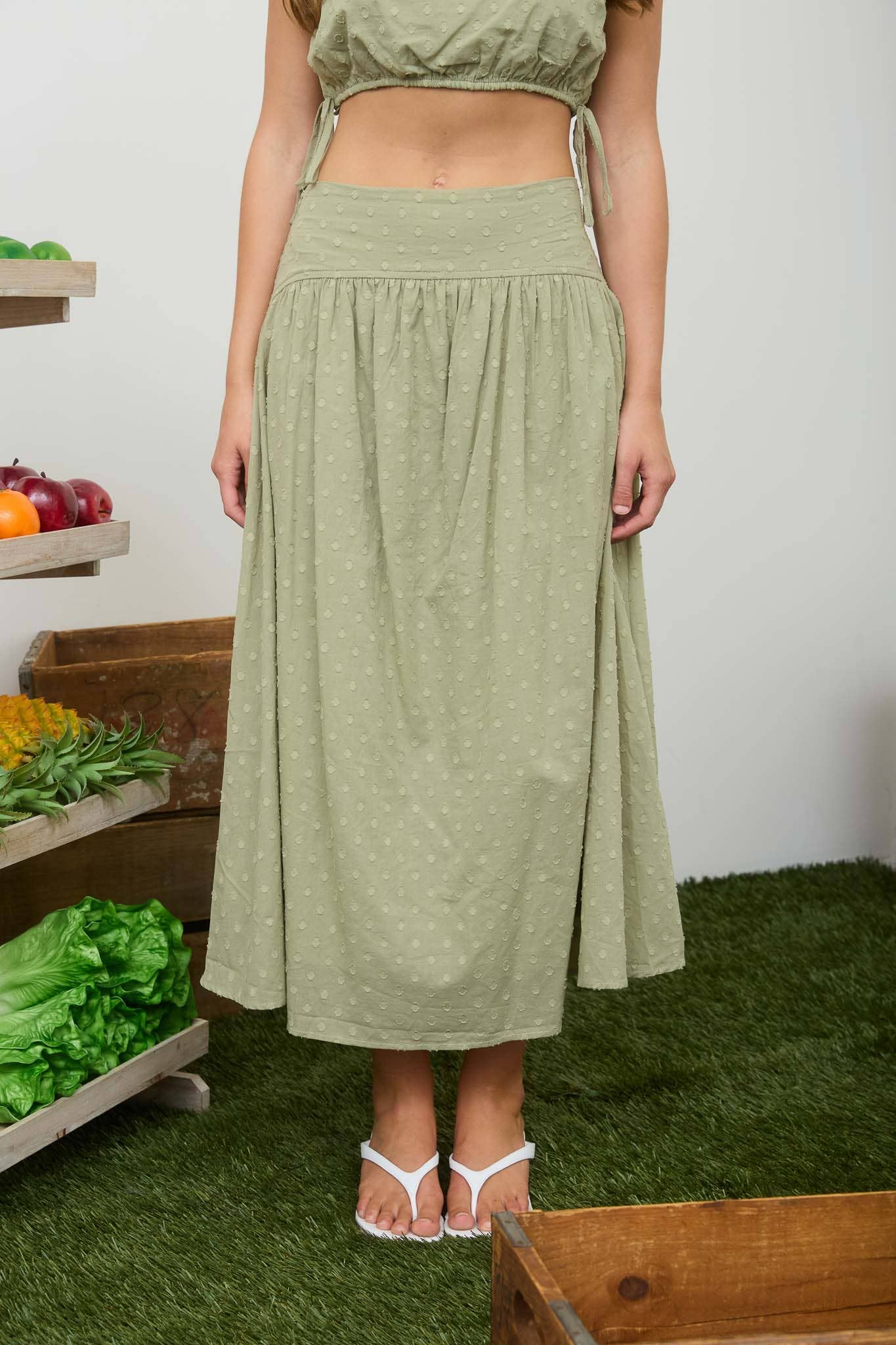 CLIP DOT WAIST BAND DETAIL MAXI SKIRT
