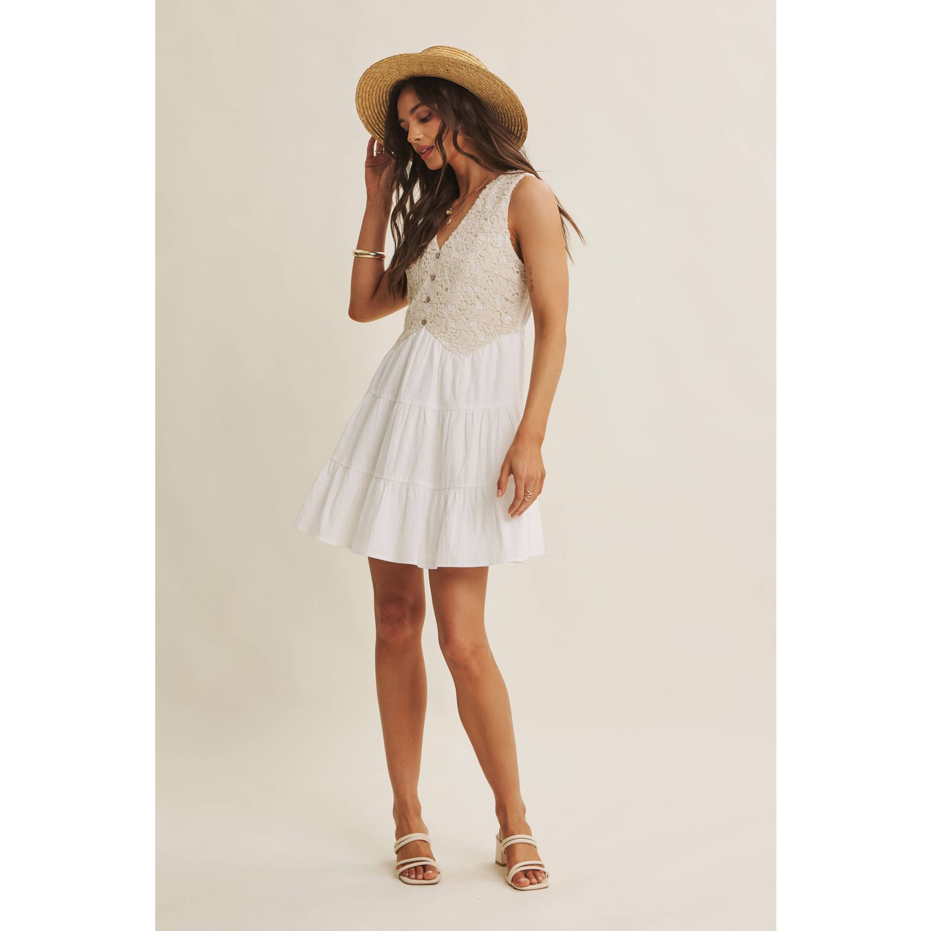 FRENCH PICNIC MIXED MEDIA COTTON CROCHET MINI DRESS