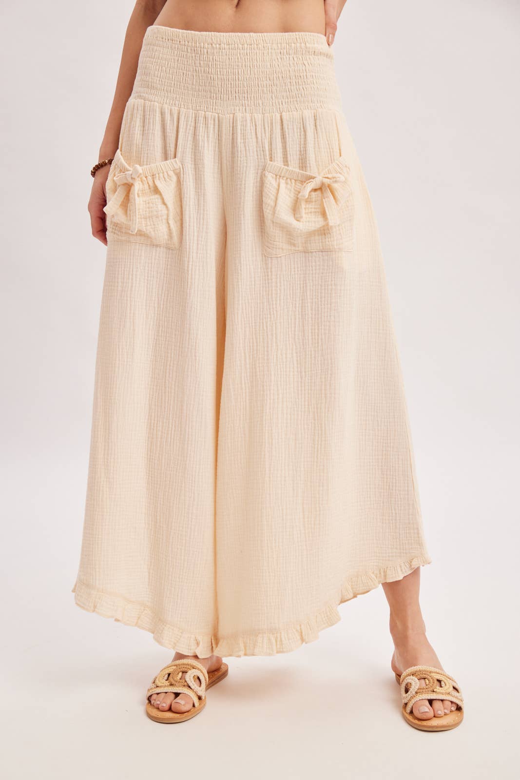 SMOCKED WAISTBAND RUFFLE TRIM WIDE LEG PANTS
