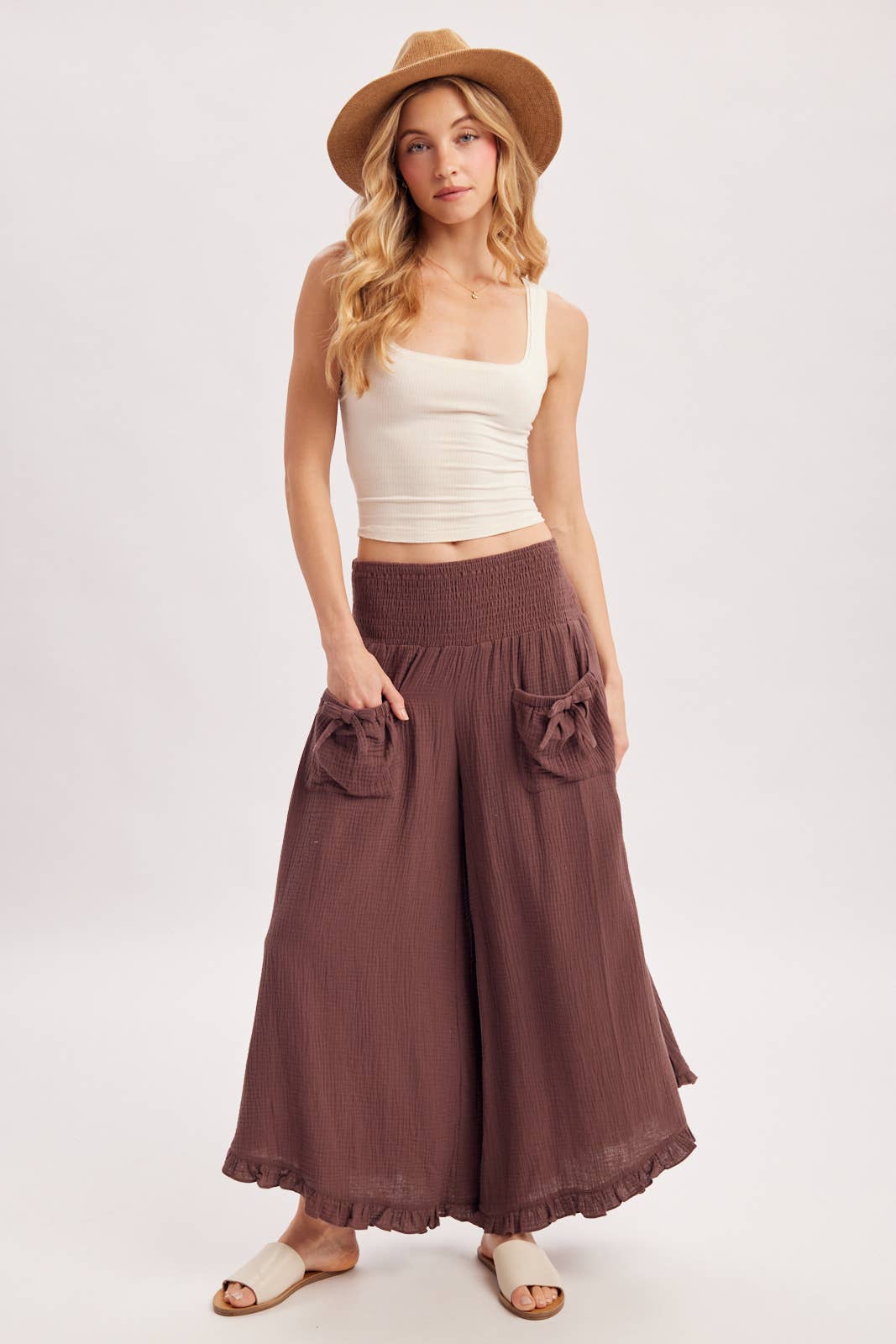 SMOCKED WAISTBAND RUFFLE TRIM WIDE LEG PANTS