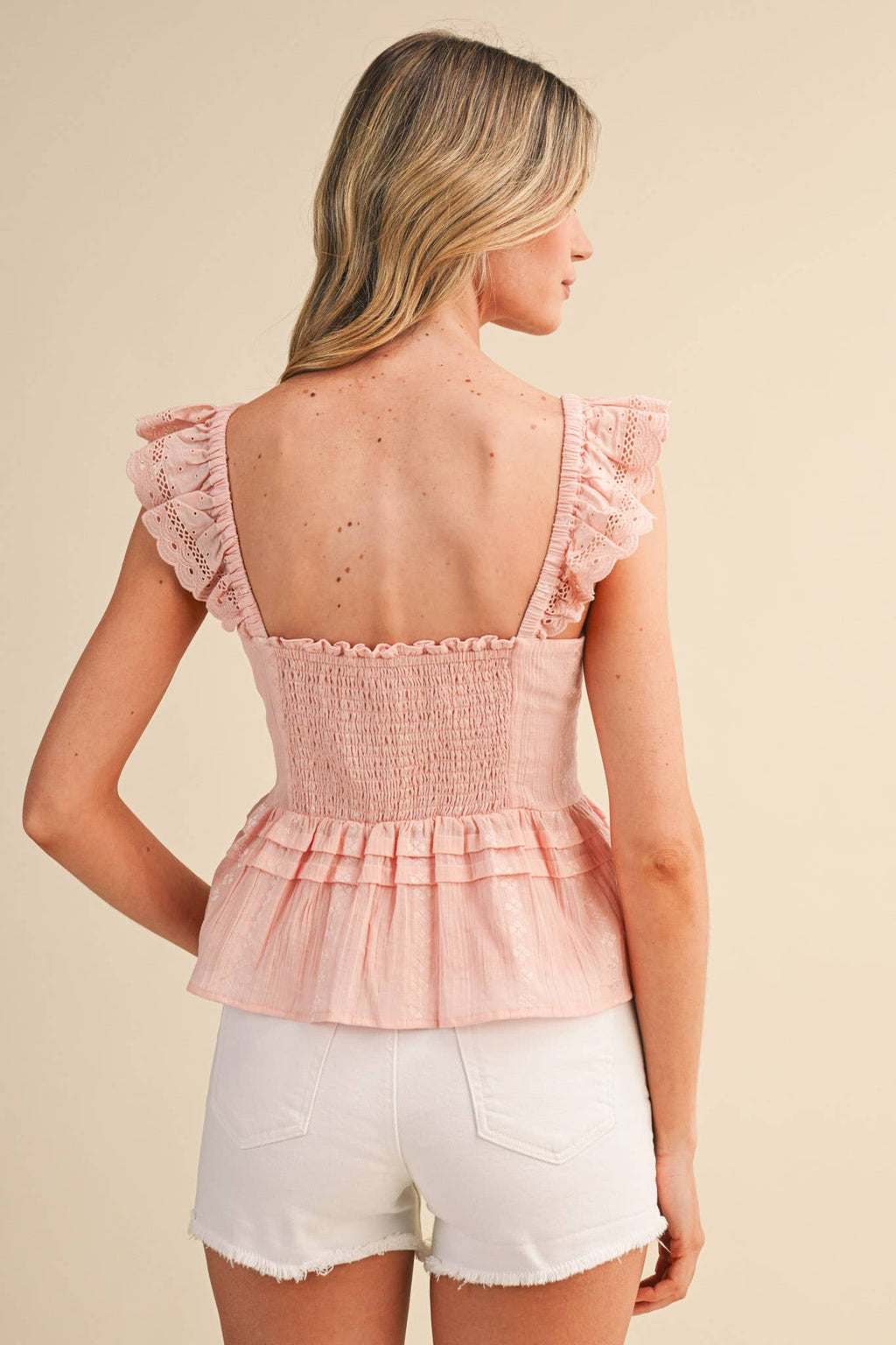EYELET FLUTTER SLEEVE PEPLUM TOP MTP4953
