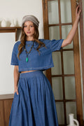 ROUND NECK SHORT SLEEVE CROPPED DENIM TOP