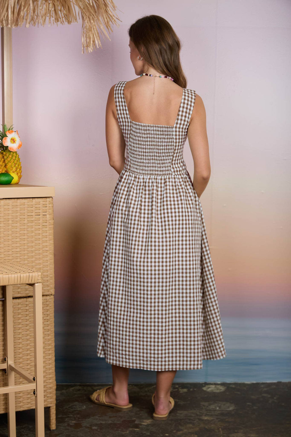 PLAID BASQUE WAIST SLEEVELESS MIDI DRESS
