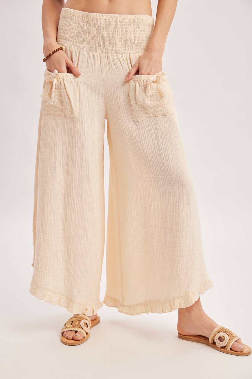SMOCKED WAISTBAND RUFFLE TRIM WIDE LEG PANTS