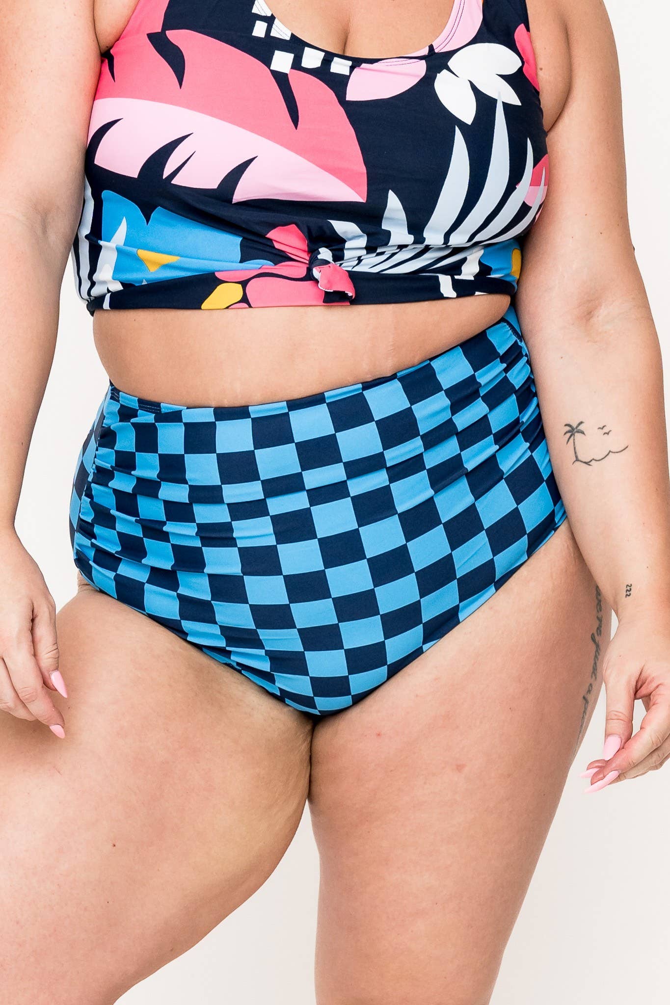 Blue Check High Waisted Ruched Swim Bottoms