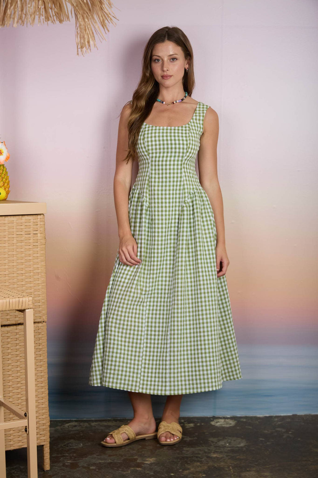 PLAID BASQUE WAIST SLEEVELESS MIDI DRESS