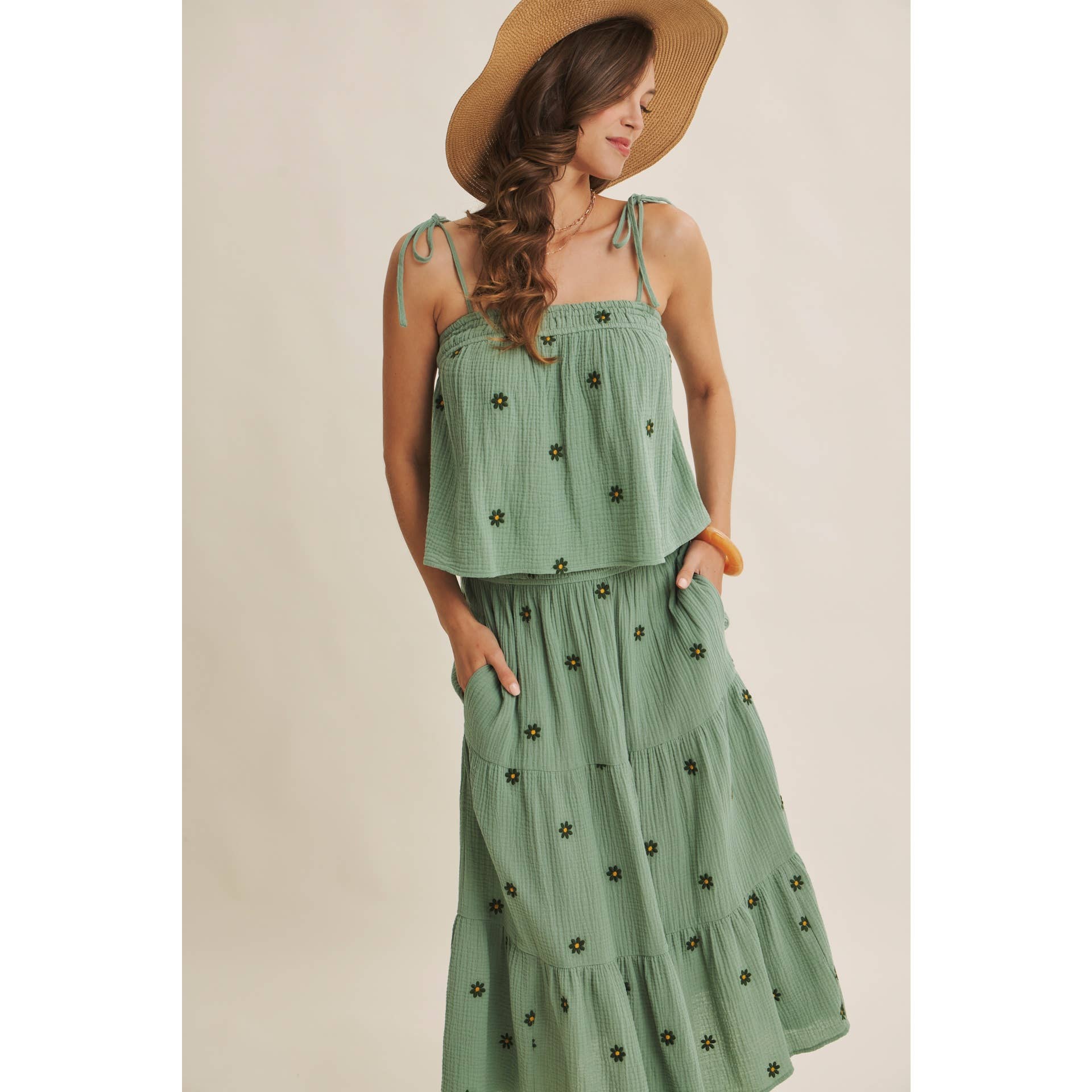 SUNSET FIELD EMBROIDERED COTTON GAUZE TANK WITH TIE STRAPS