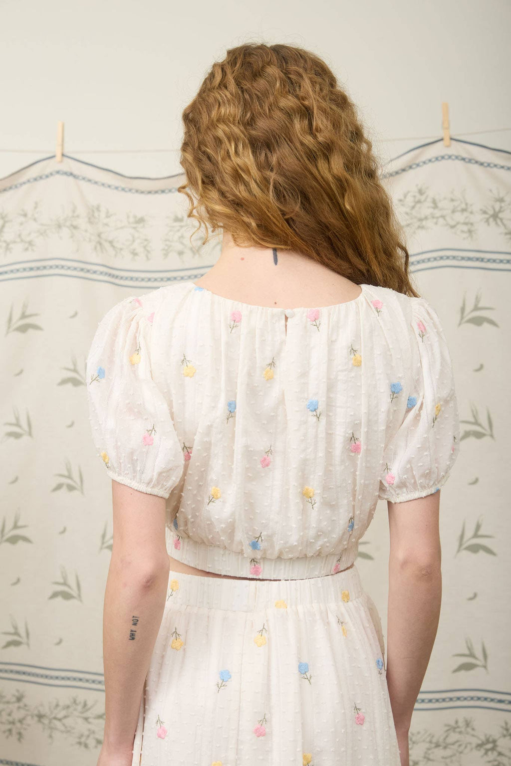 FLORAL EMBROIDERY CLIP DOT PATTERN CROP TOP