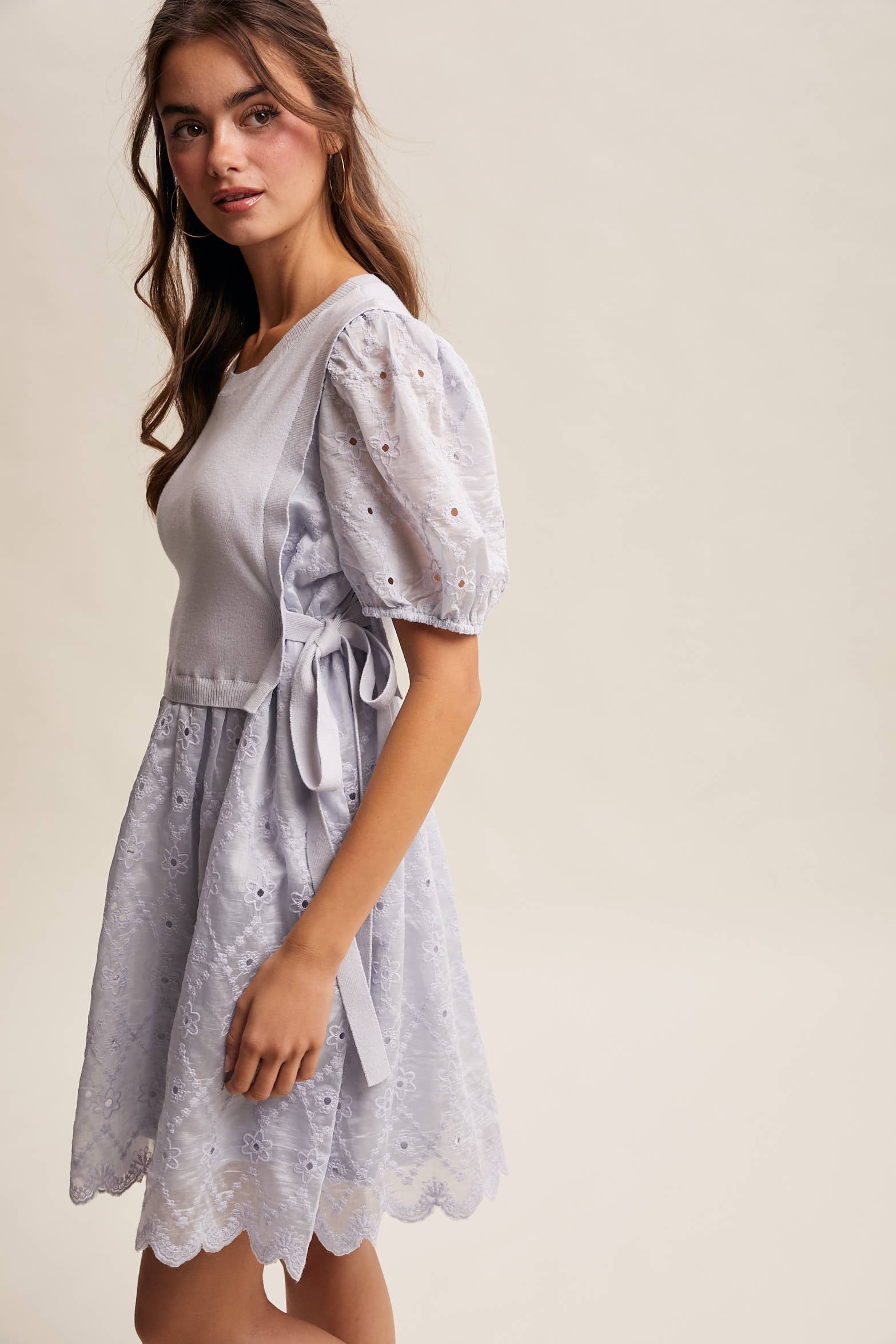 Embroidered Puff Sleeve Dress with Knit Vest LD1522