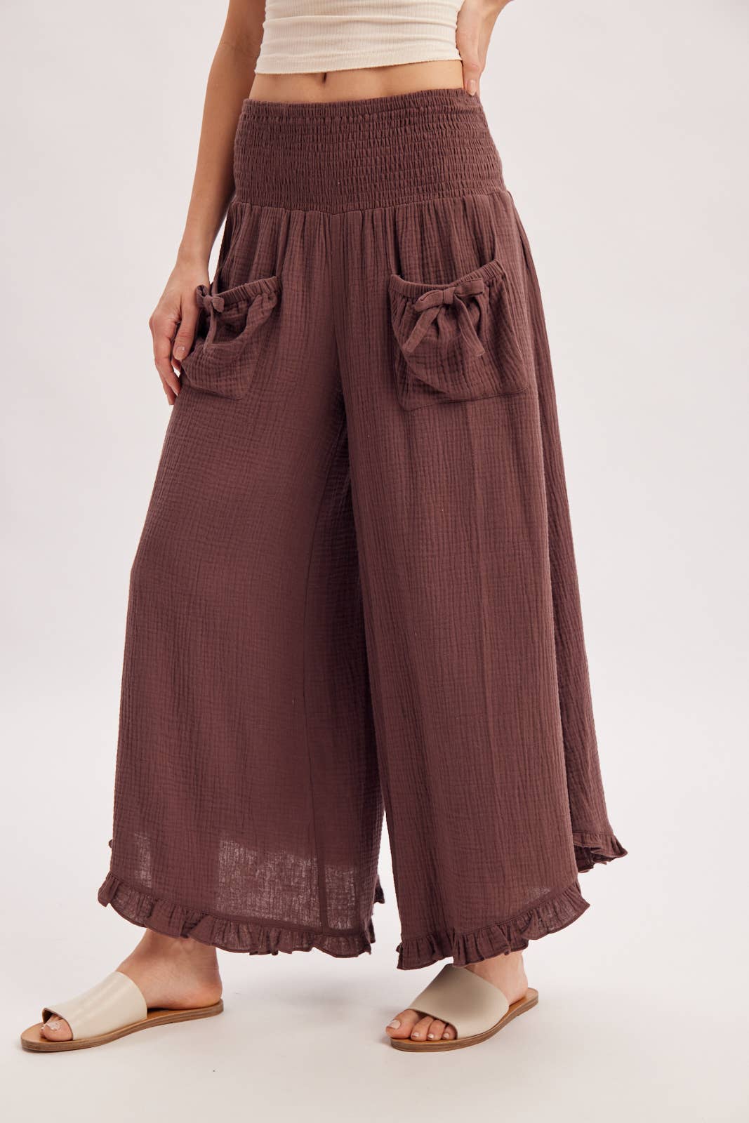 SMOCKED WAISTBAND RUFFLE TRIM WIDE LEG PANTS