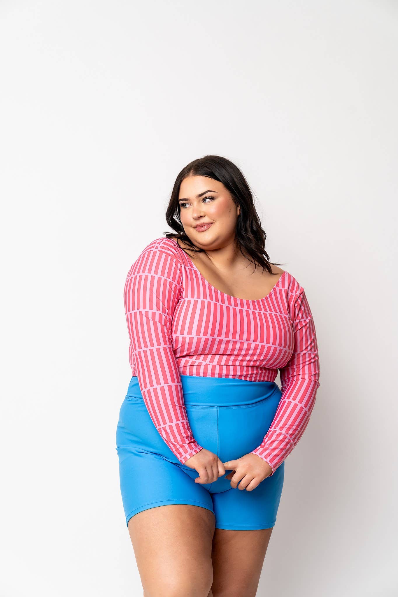 Pink Stripe Scoop Neck Rashguard Swim Top