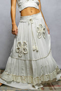 Smocked Waist Ruffle Embroidered Fringe Long Skirt