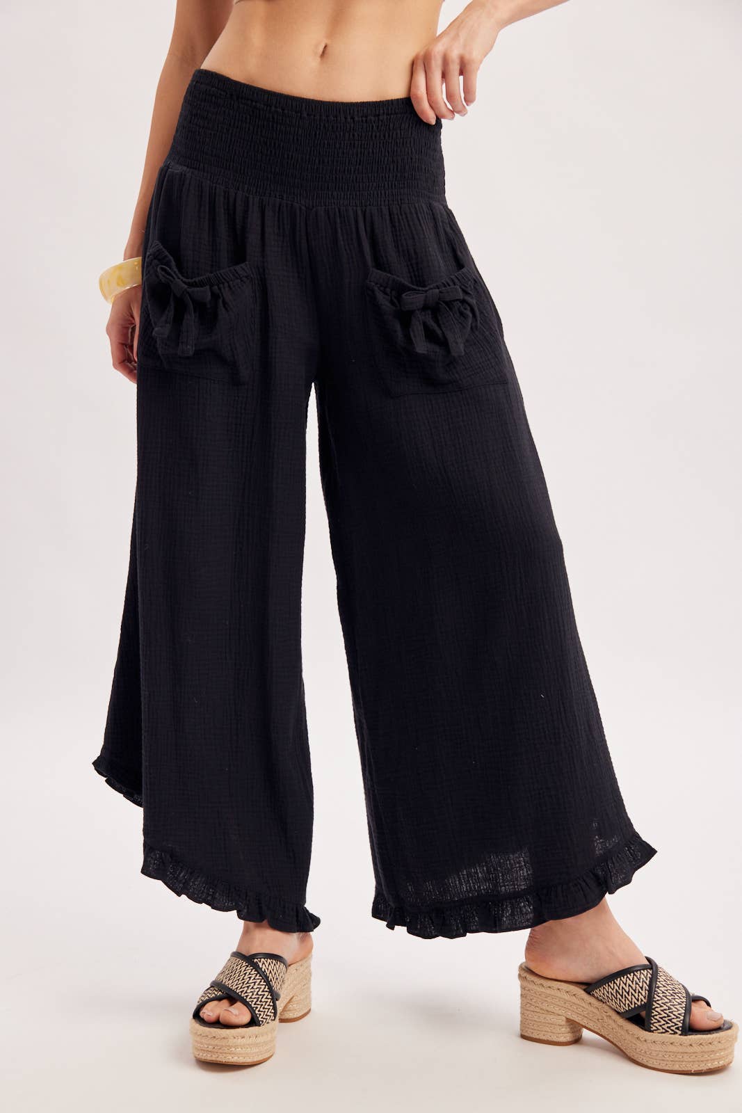 SMOCKED WAISTBAND RUFFLE TRIM WIDE LEG PANTS
