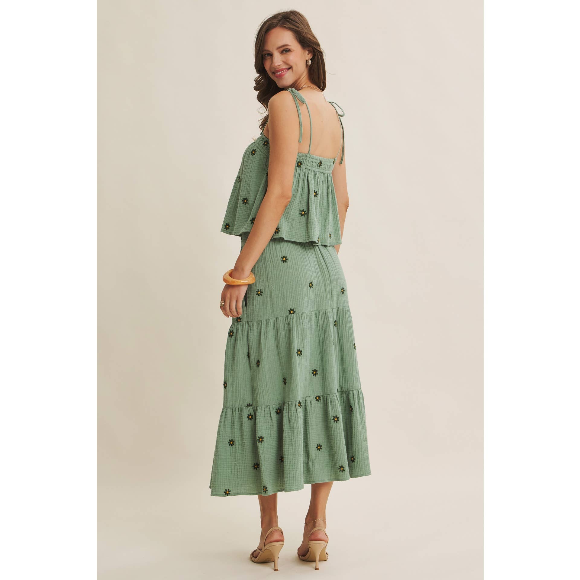 SUNSET FIELD EMBROIDERED COTTON GAUZE SMOCKED MIDI SKIRTS