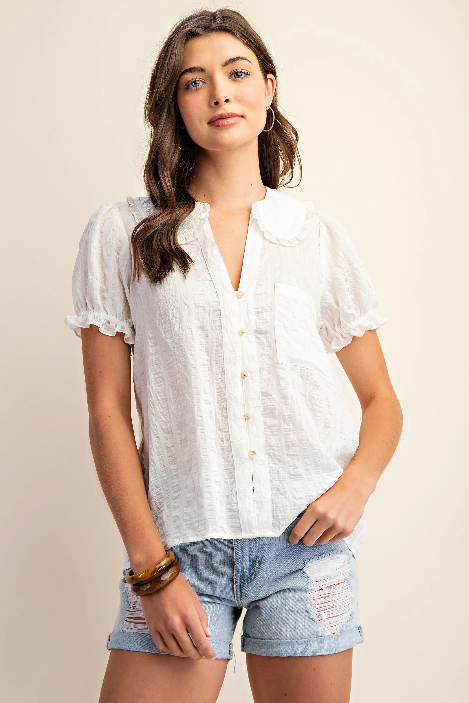 Peter Pan Collar Button Down Shirt with Short Puff Sleeves