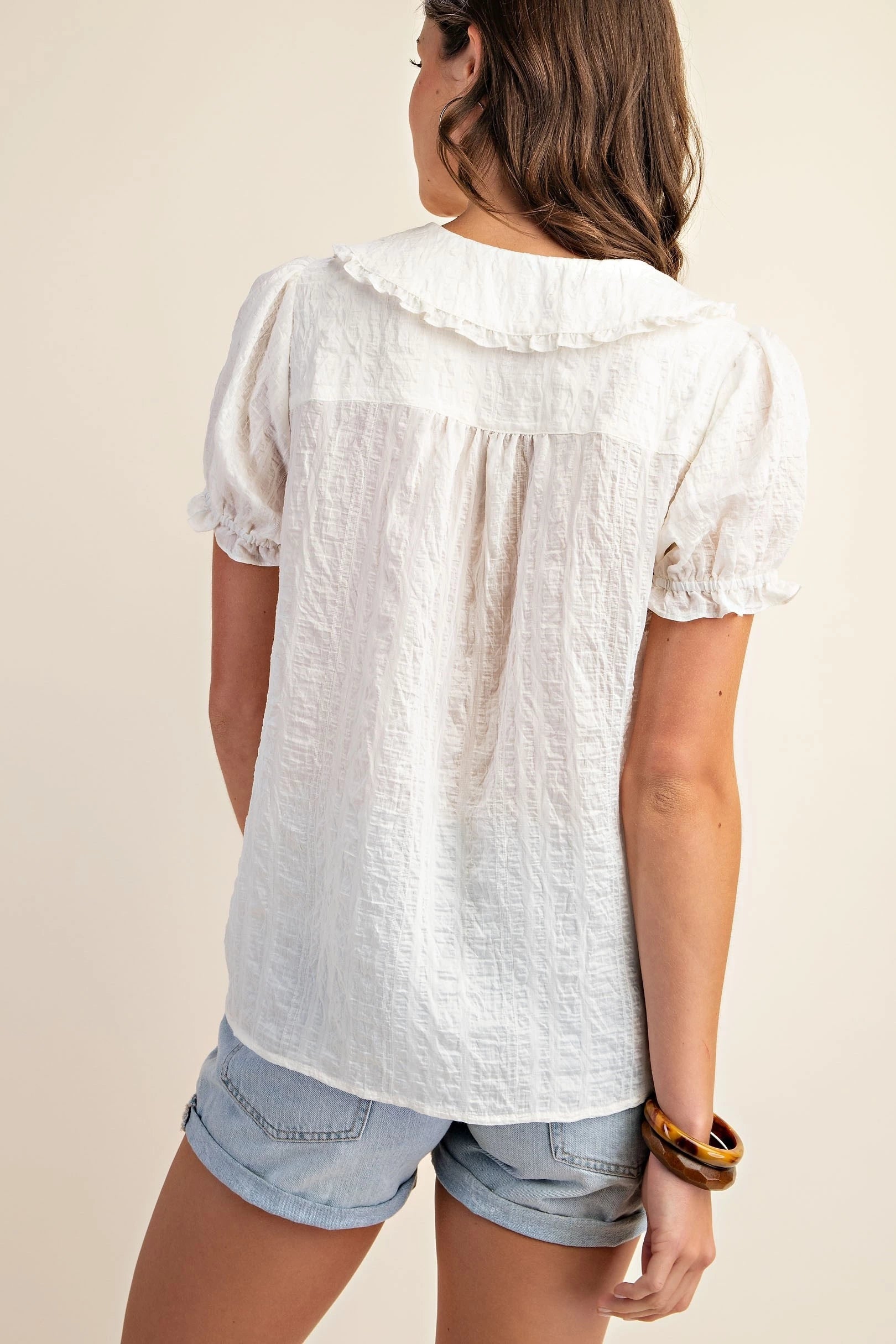 Peter Pan Collar Button Down Shirt with Short Puff Sleeves