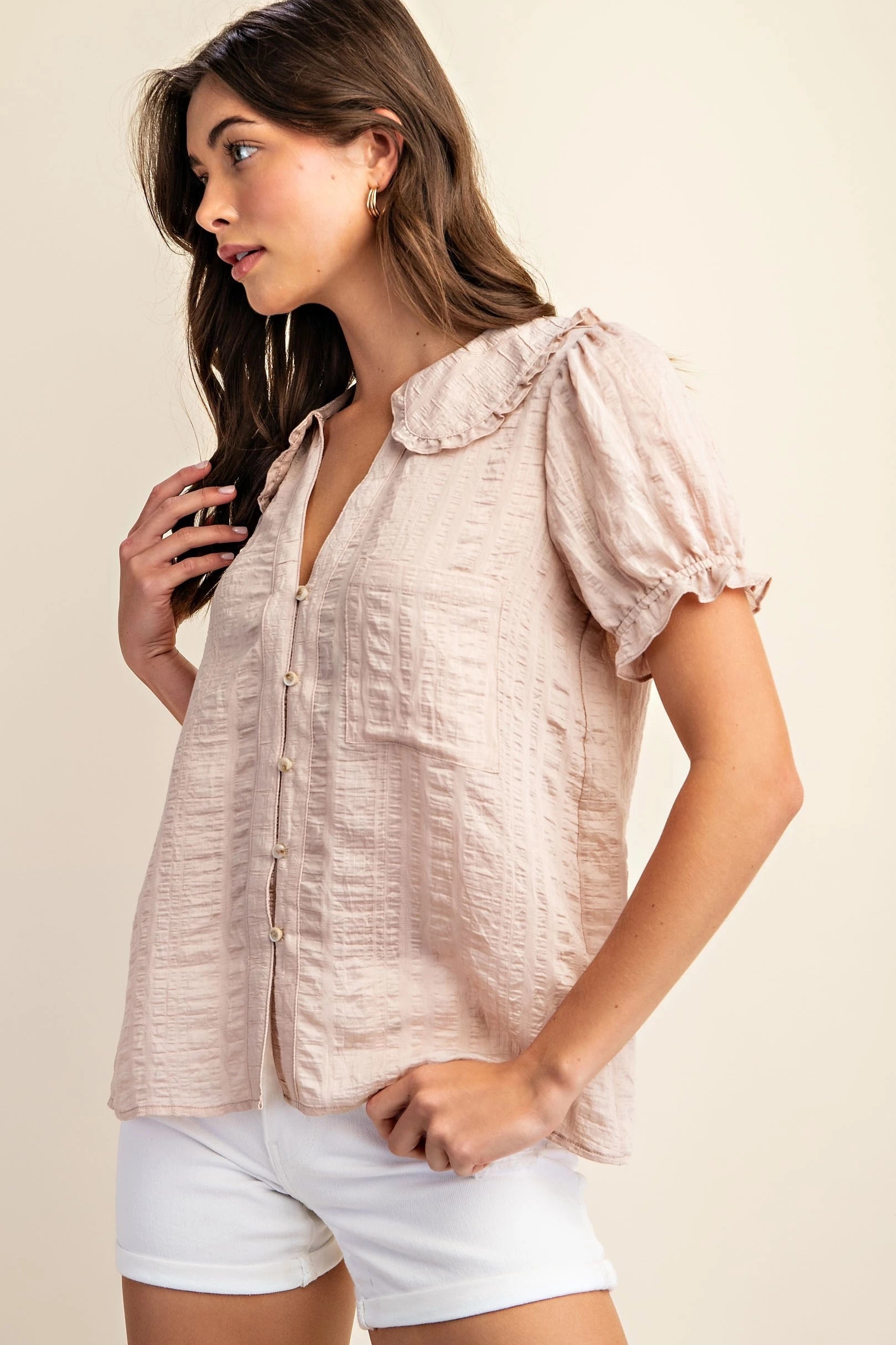 Peter Pan Collar Button Down Shirt with Short Puff Sleeves