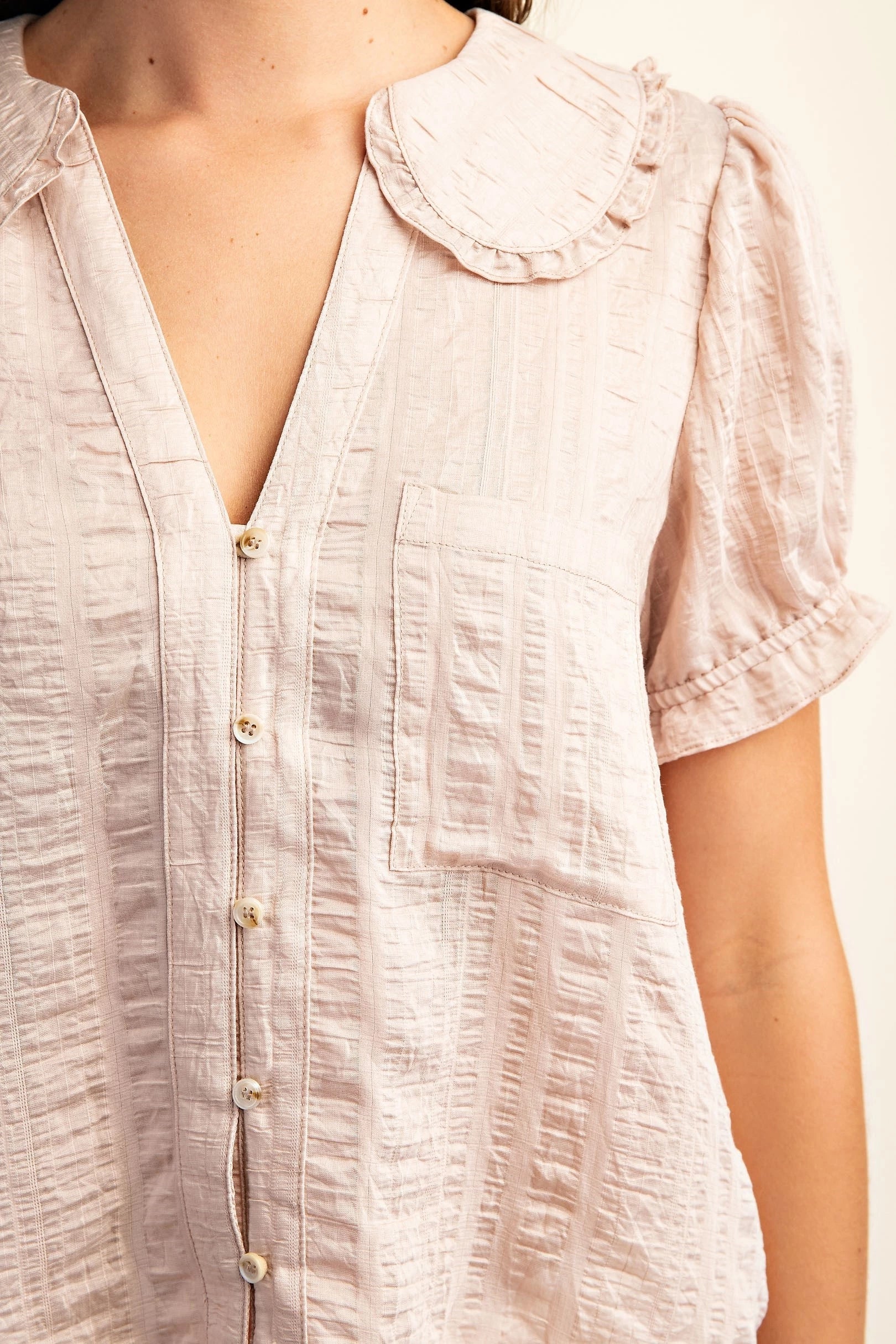 Peter Pan Collar Button Down Shirt with Short Puff Sleeves