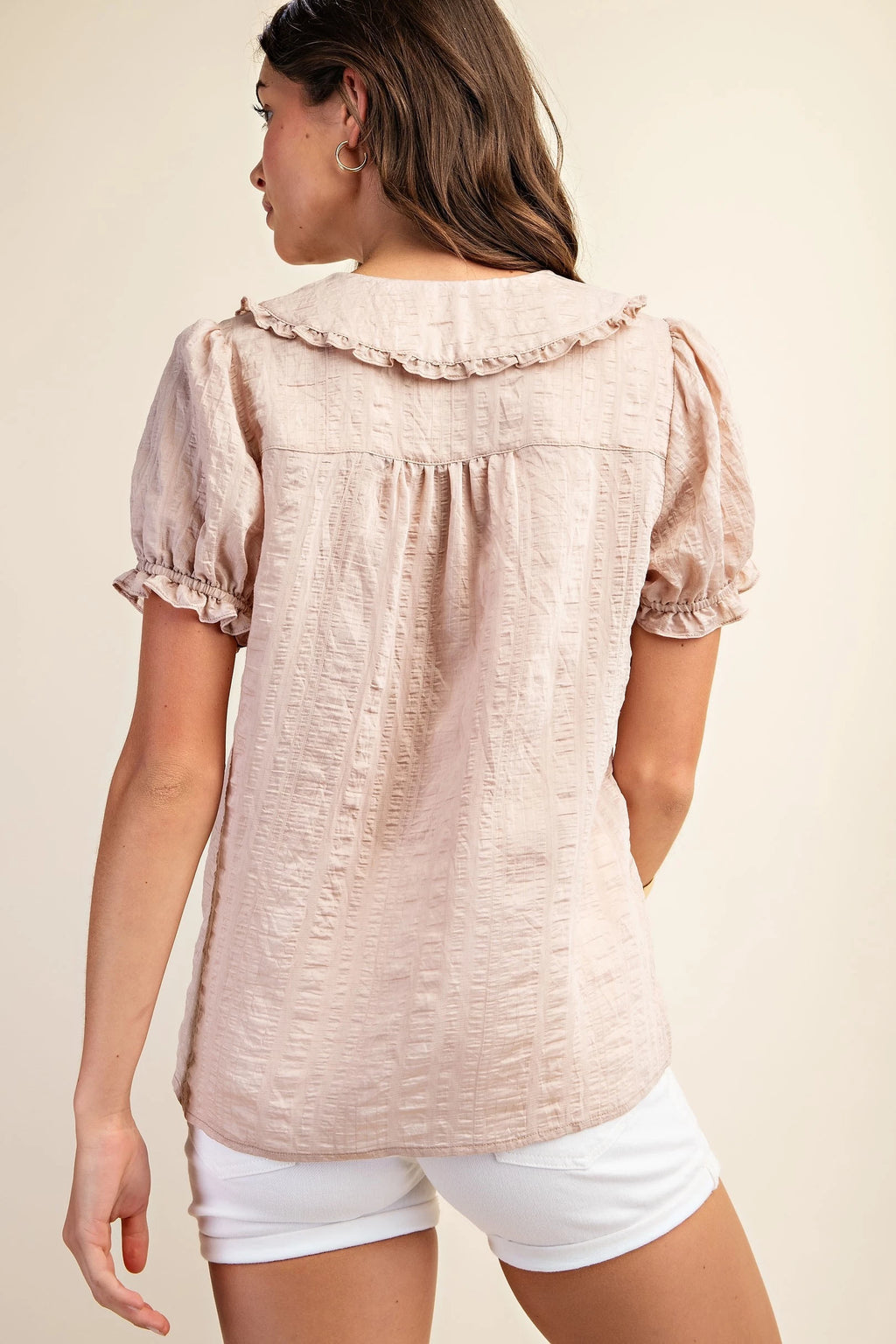 Peter Pan Collar Button Down Shirt with Short Puff Sleeves