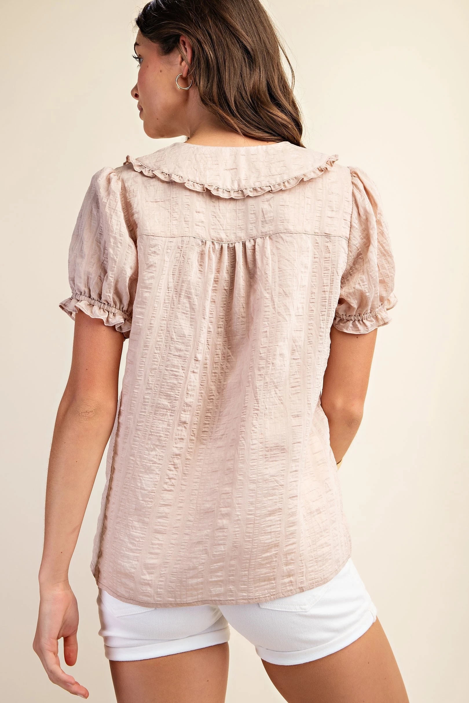 Peter Pan Collar Button Down Shirt with Short Puff Sleeves