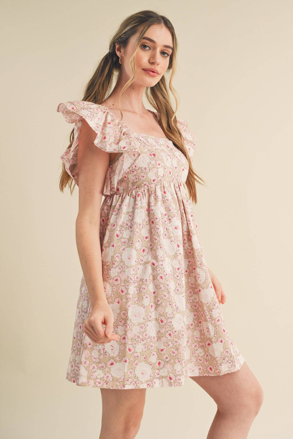 FLORAL PRINT RUFFLED FLUTTER SLEEVE MINI DRESS MDR3057