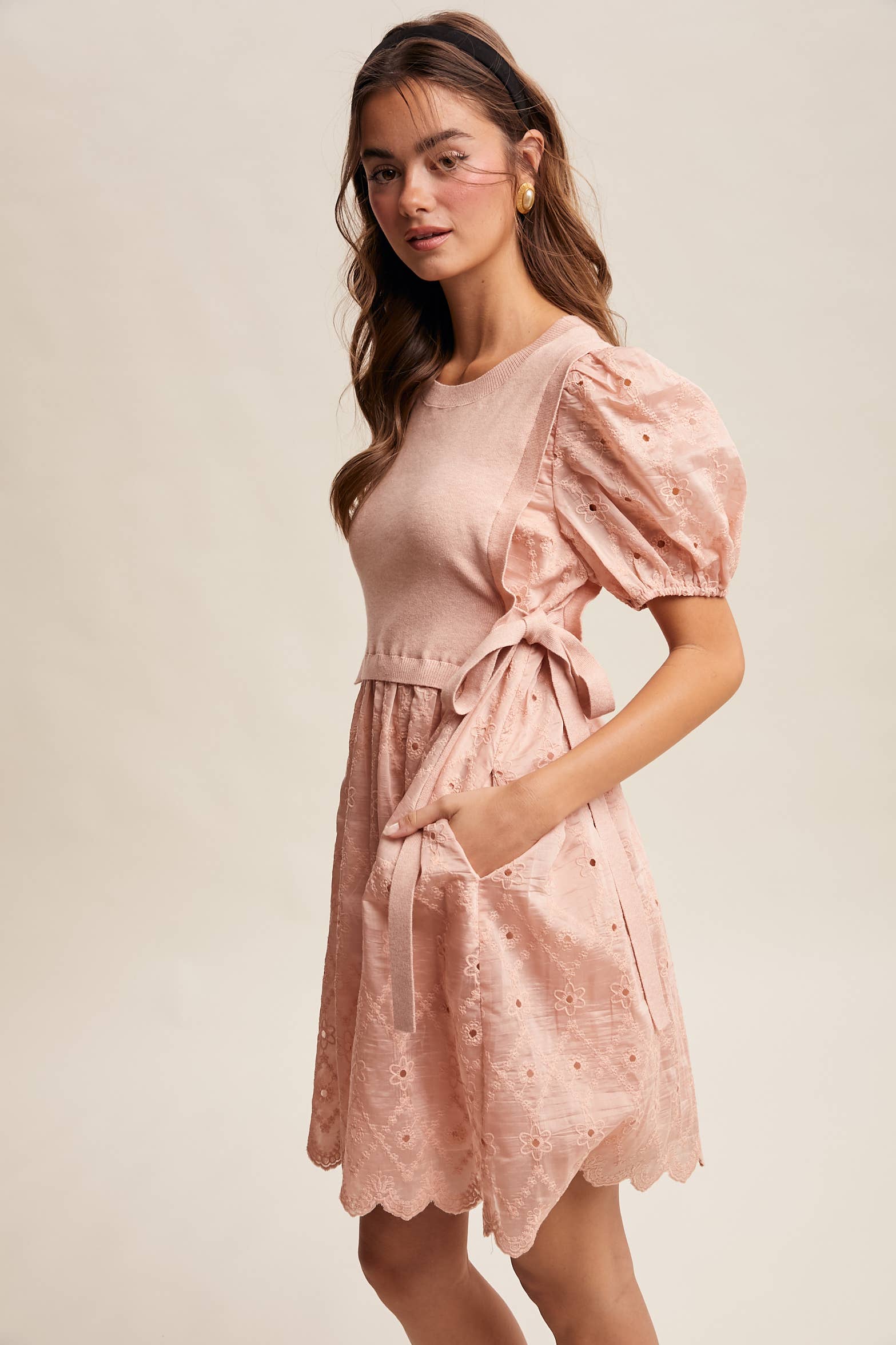 Embroidered Puff Sleeve Dress with Knit Vest LD1522