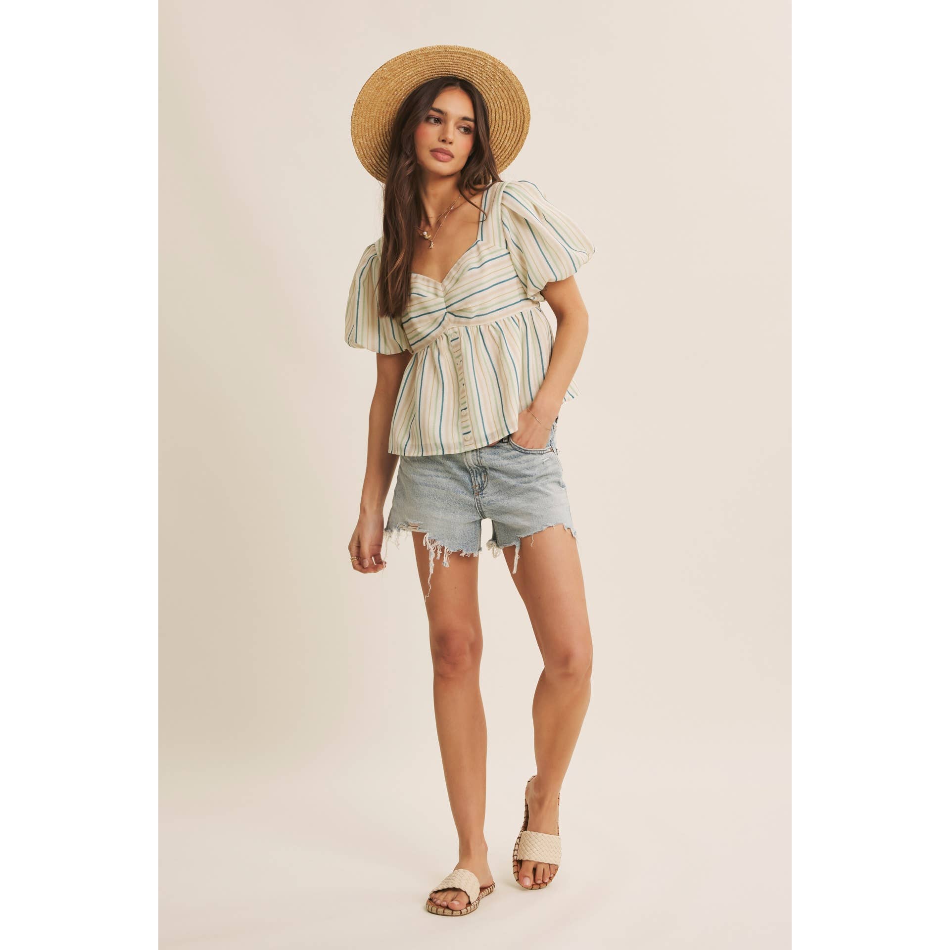 MULTI COLOR STRIPED BUBBLE SLEEVES BABYDOLL TOP