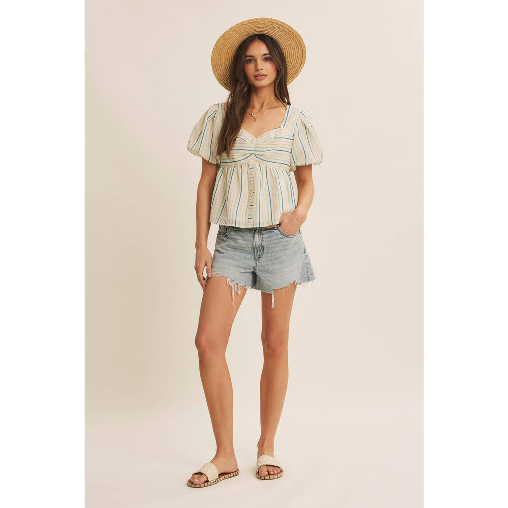 MULTI COLOR STRIPED BUBBLE SLEEVES BABYDOLL TOP