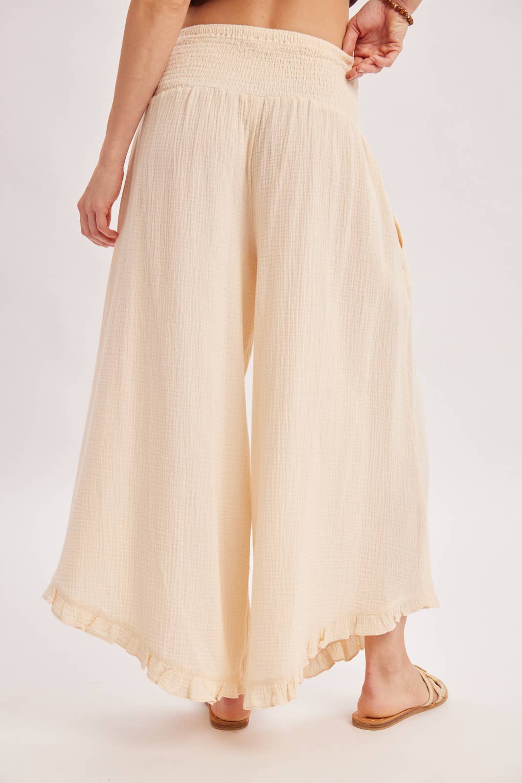 SMOCKED WAISTBAND RUFFLE TRIM WIDE LEG PANTS