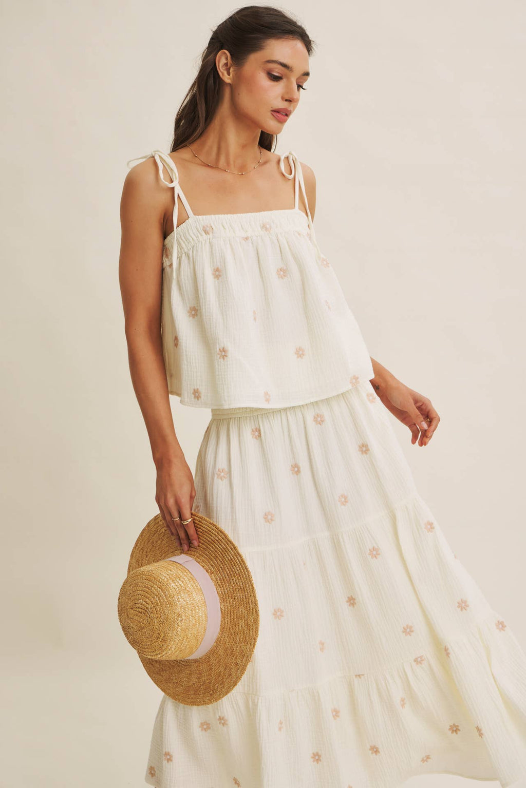 SUNSET FIELD EMBROIDERED COTTON GAUZE SMOCKED MIDI SKIRTS