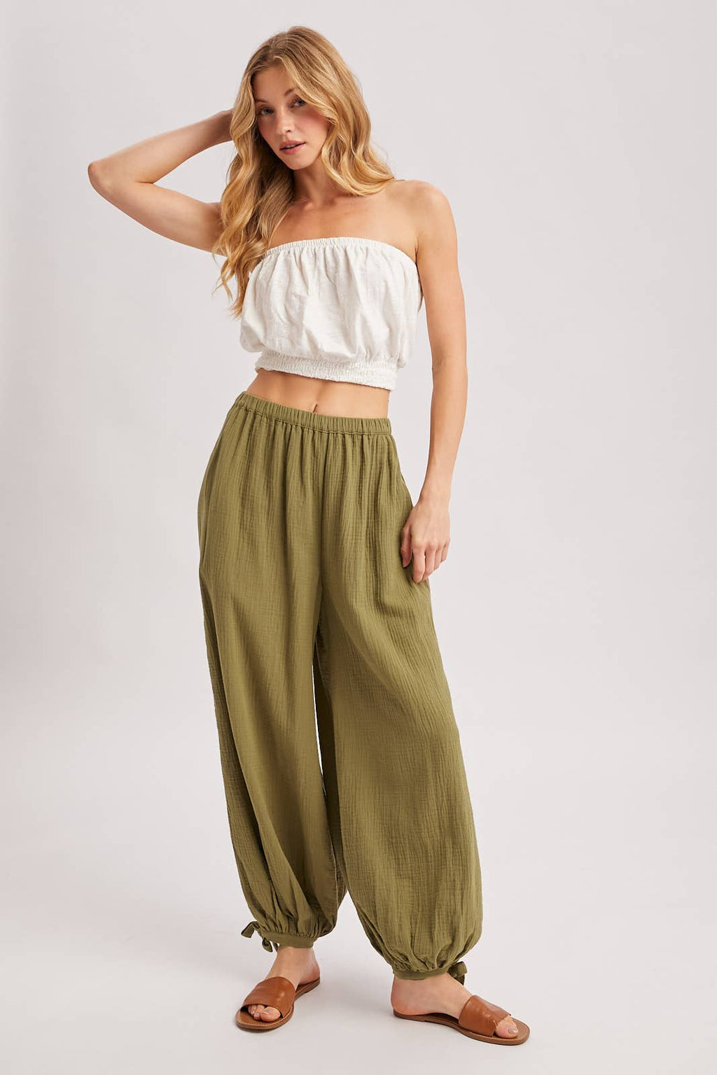 ELASTIC WAISTBAND CRINKLED GAUZE JOGGER PANTS