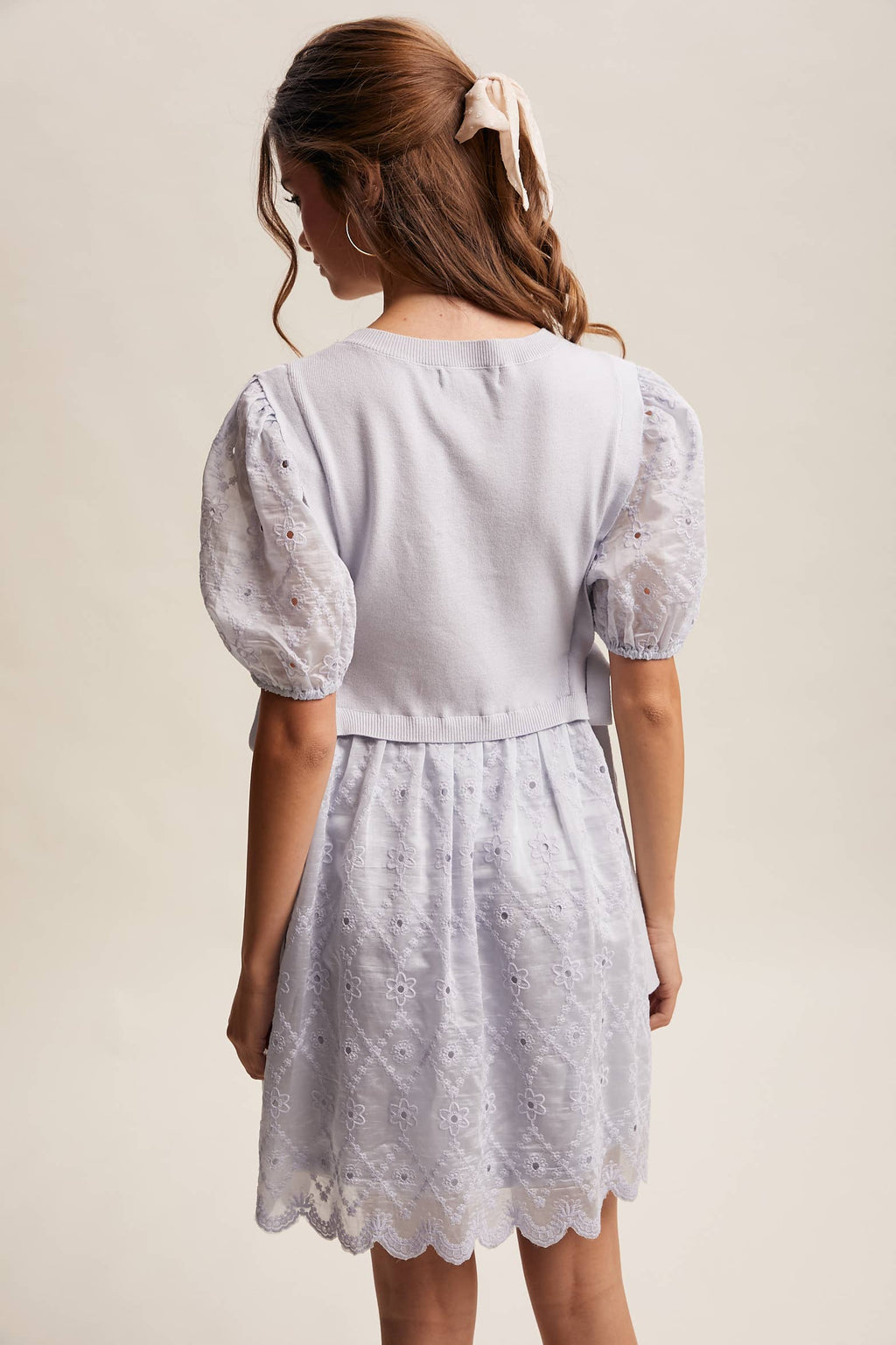 Embroidered Puff Sleeve Dress with Knit Vest LD1522