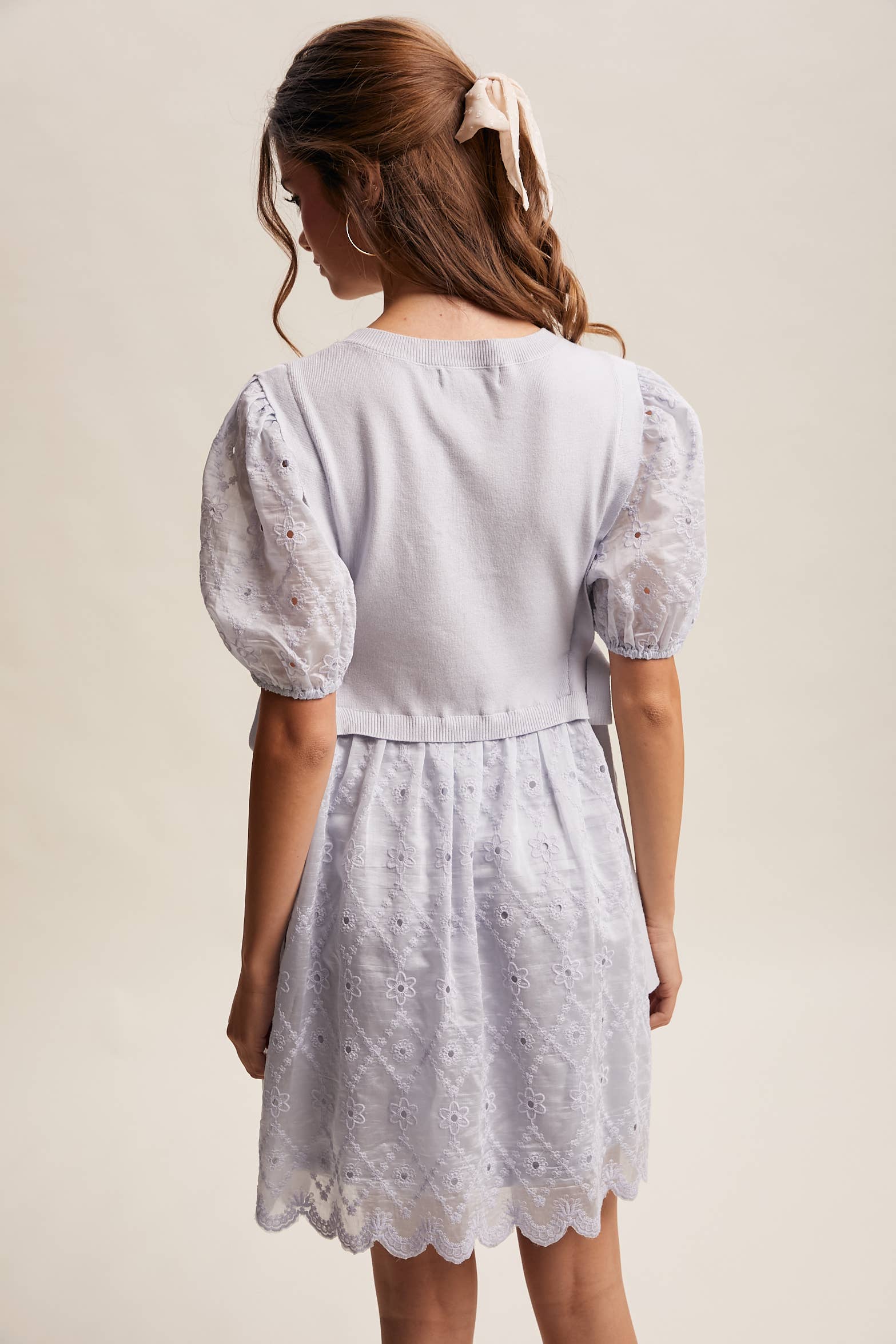 Embroidered Puff Sleeve Dress with Knit Vest LD1522