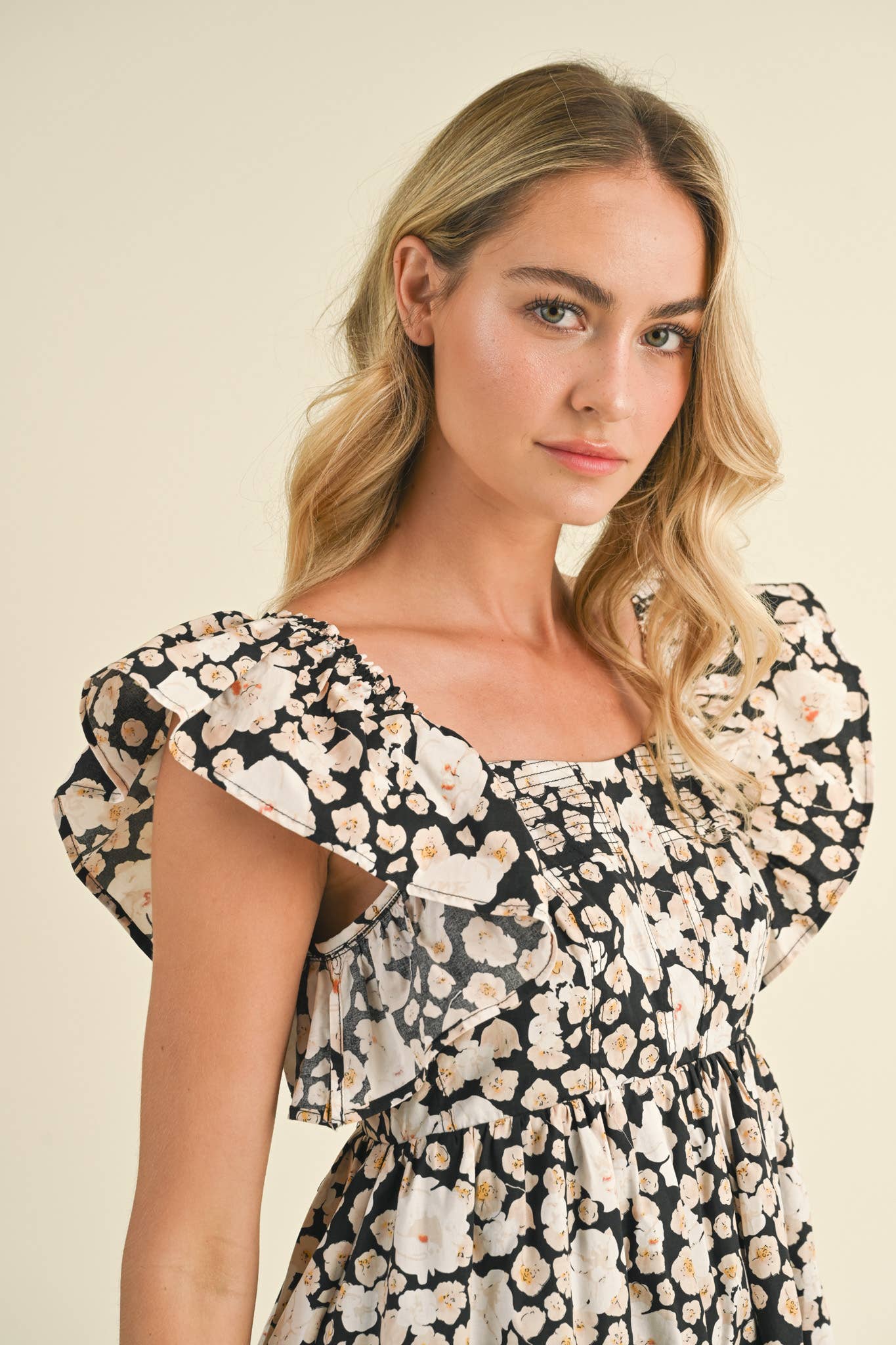 FLORAL PRINT RUFFLED FLUTTER SLEEVE MINI DRESS MDR3057