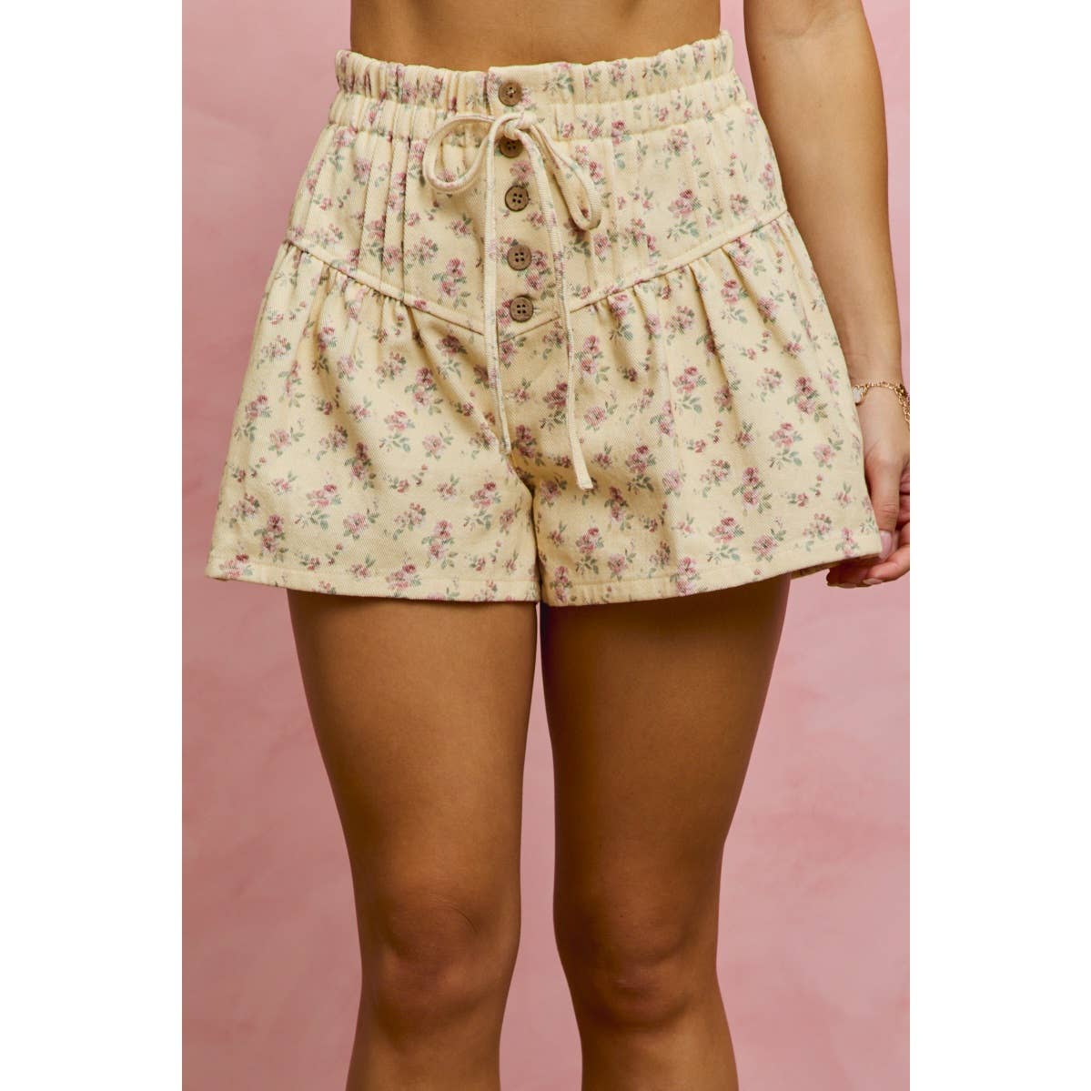 FLORAL PRINT DENIM PINTUCK ELASTIC WAIST SHORTS