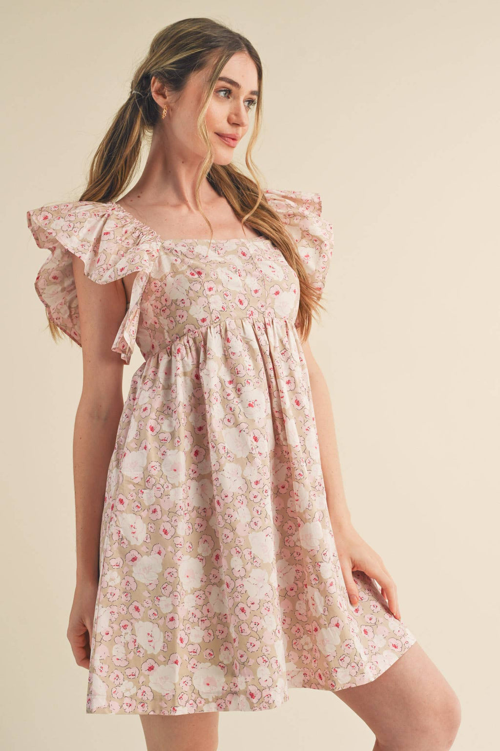 FLORAL PRINT RUFFLED FLUTTER SLEEVE MINI DRESS MDR3057
