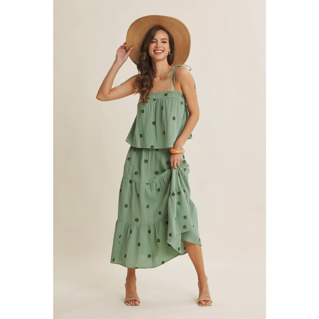 SUNSET FIELD EMBROIDERED COTTON GAUZE SMOCKED MIDI SKIRTS