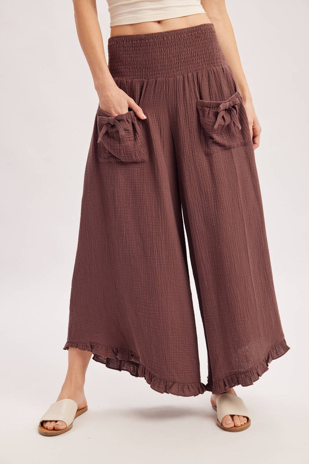 SMOCKED WAISTBAND RUFFLE TRIM WIDE LEG PANTS