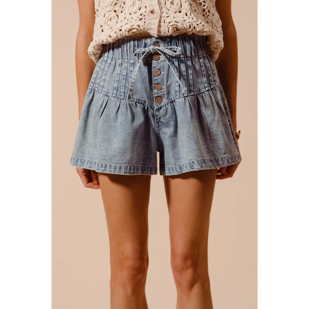 FLARED DENIM SHORTS WITH ELASTICIZED WAIST