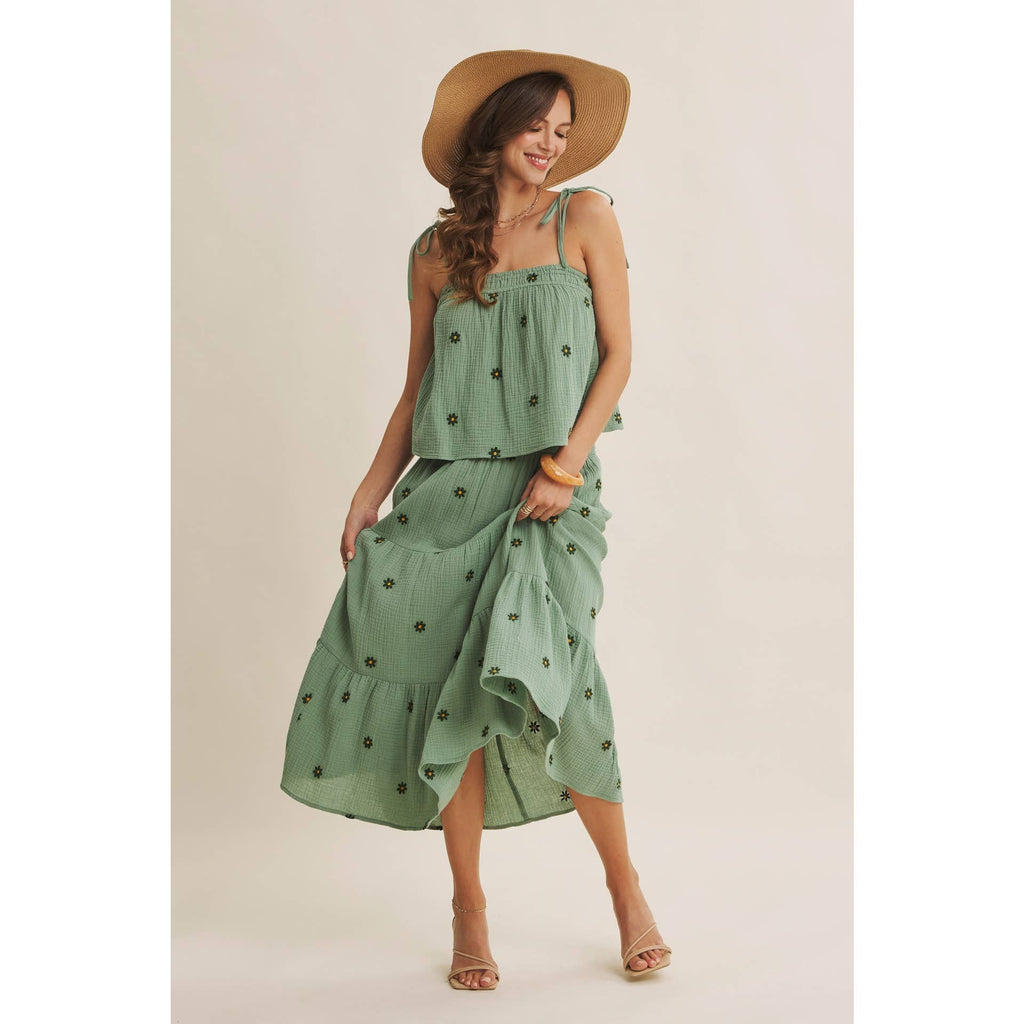 SUNSET FIELD EMBROIDERED COTTON GAUZE TANK WITH TIE STRAPS