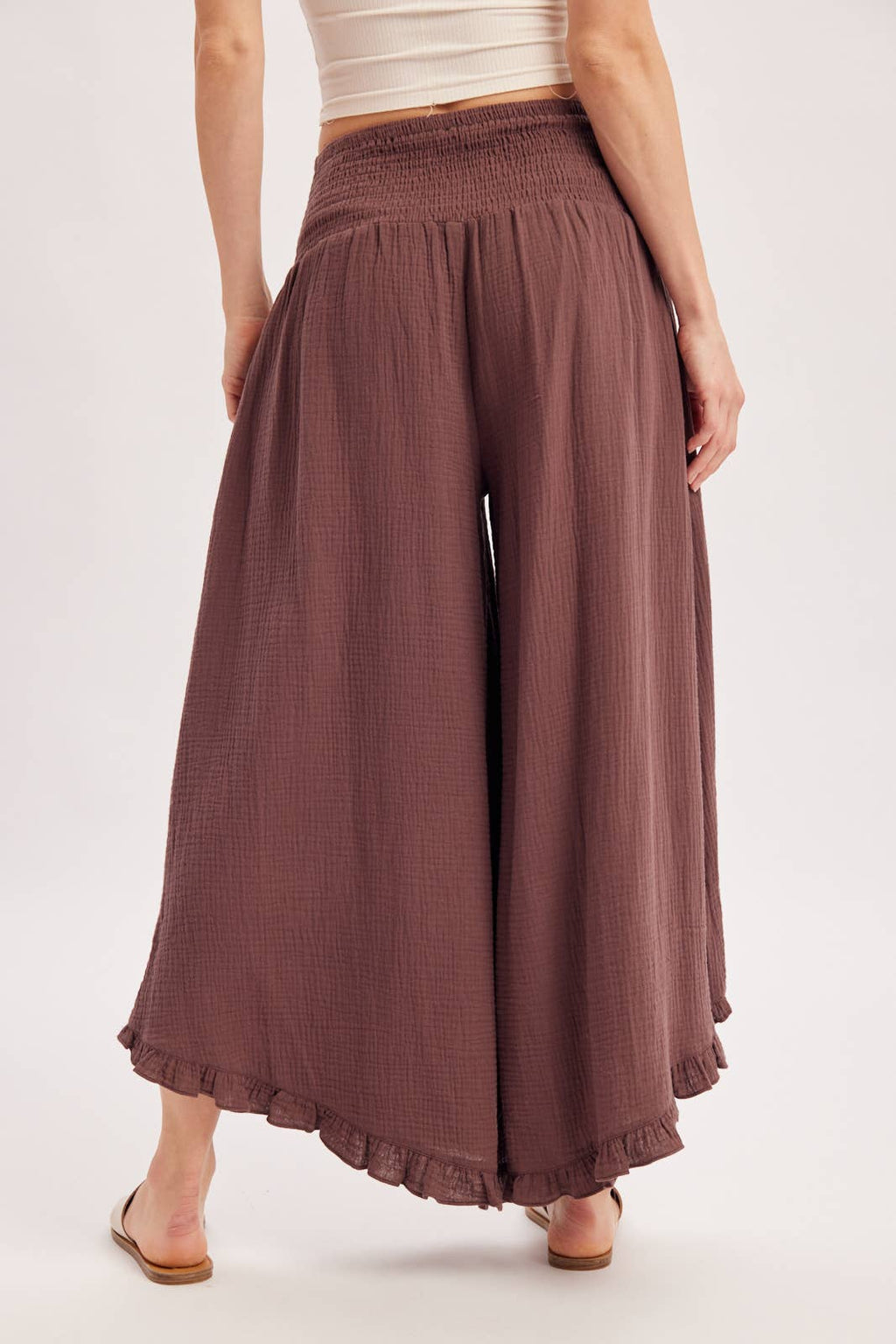 SMOCKED WAISTBAND RUFFLE TRIM WIDE LEG PANTS