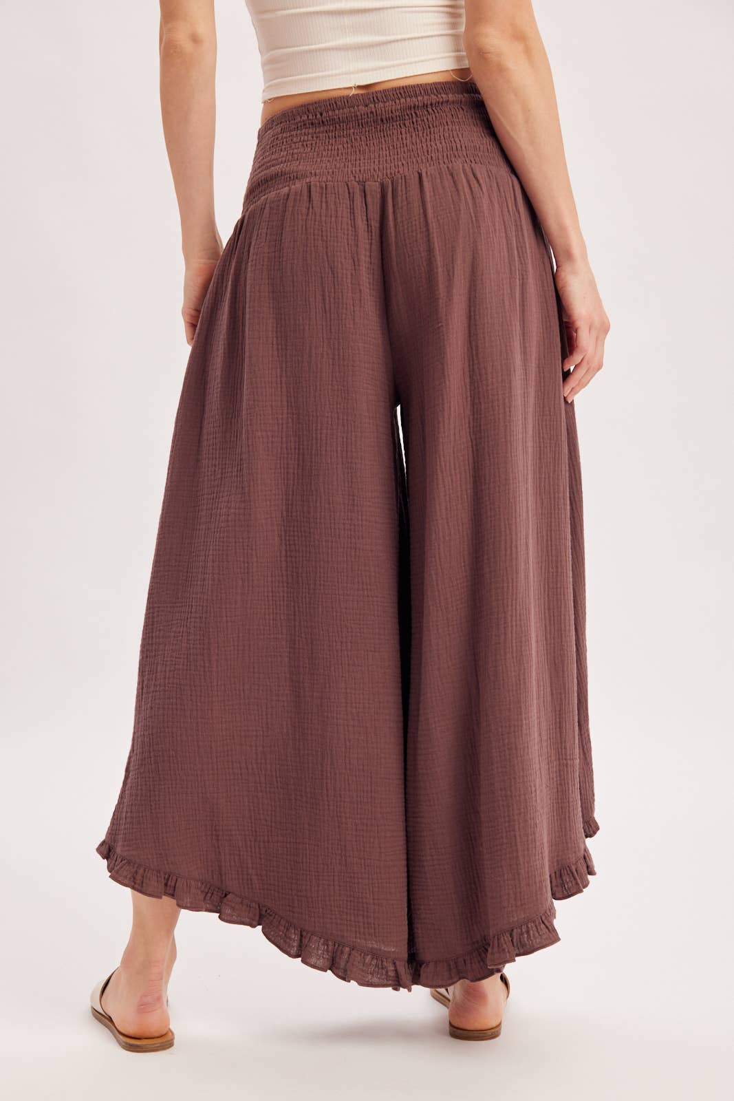 SMOCKED WAISTBAND RUFFLE TRIM WIDE LEG PANTS