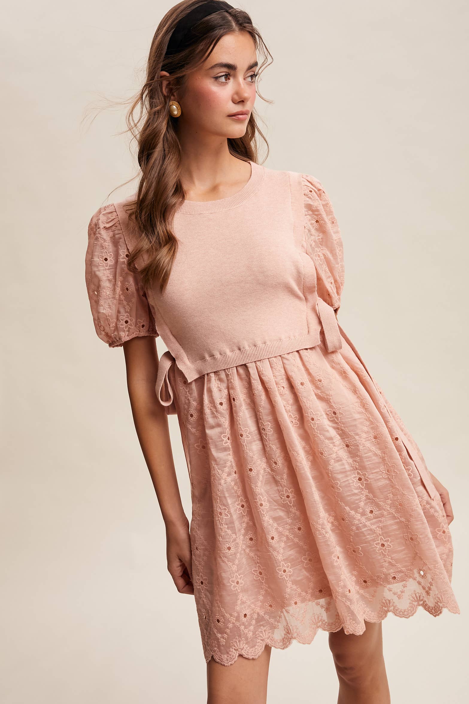 Embroidered Puff Sleeve Dress with Knit Vest LD1522