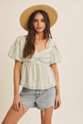 MULTI COLOR STRIPED BUBBLE SLEEVES BABYDOLL TOP