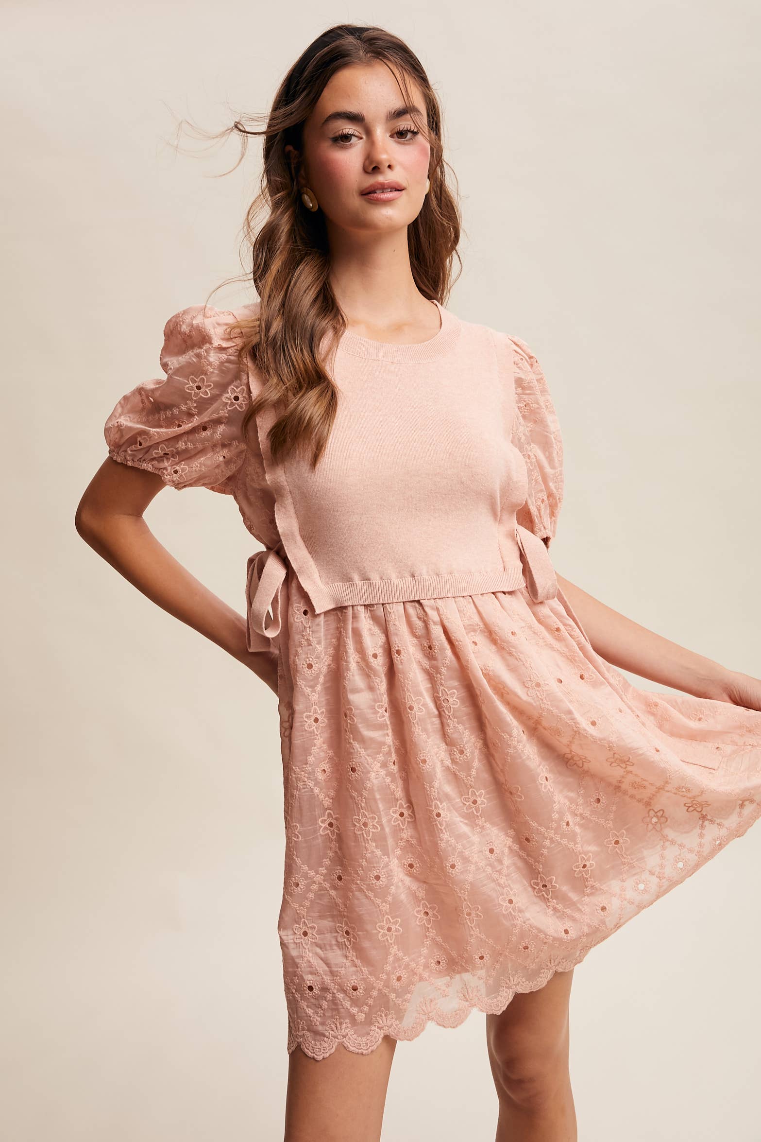 Embroidered Puff Sleeve Dress with Knit Vest LD1522