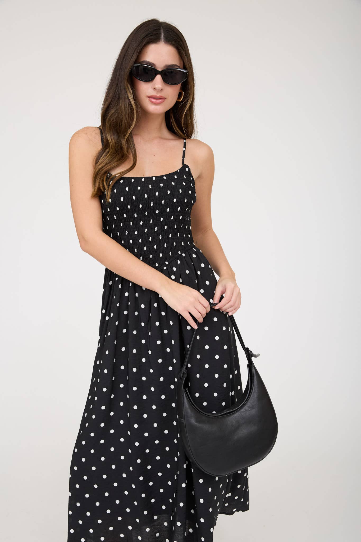 POLKA DOT SMOCKED BASQUE WAIST MIDI DRESS