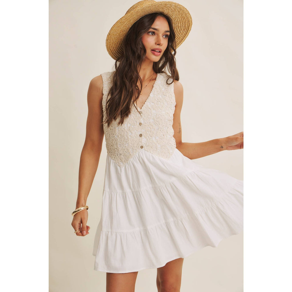 FRENCH PICNIC MIXED MEDIA COTTON CROCHET MINI DRESS