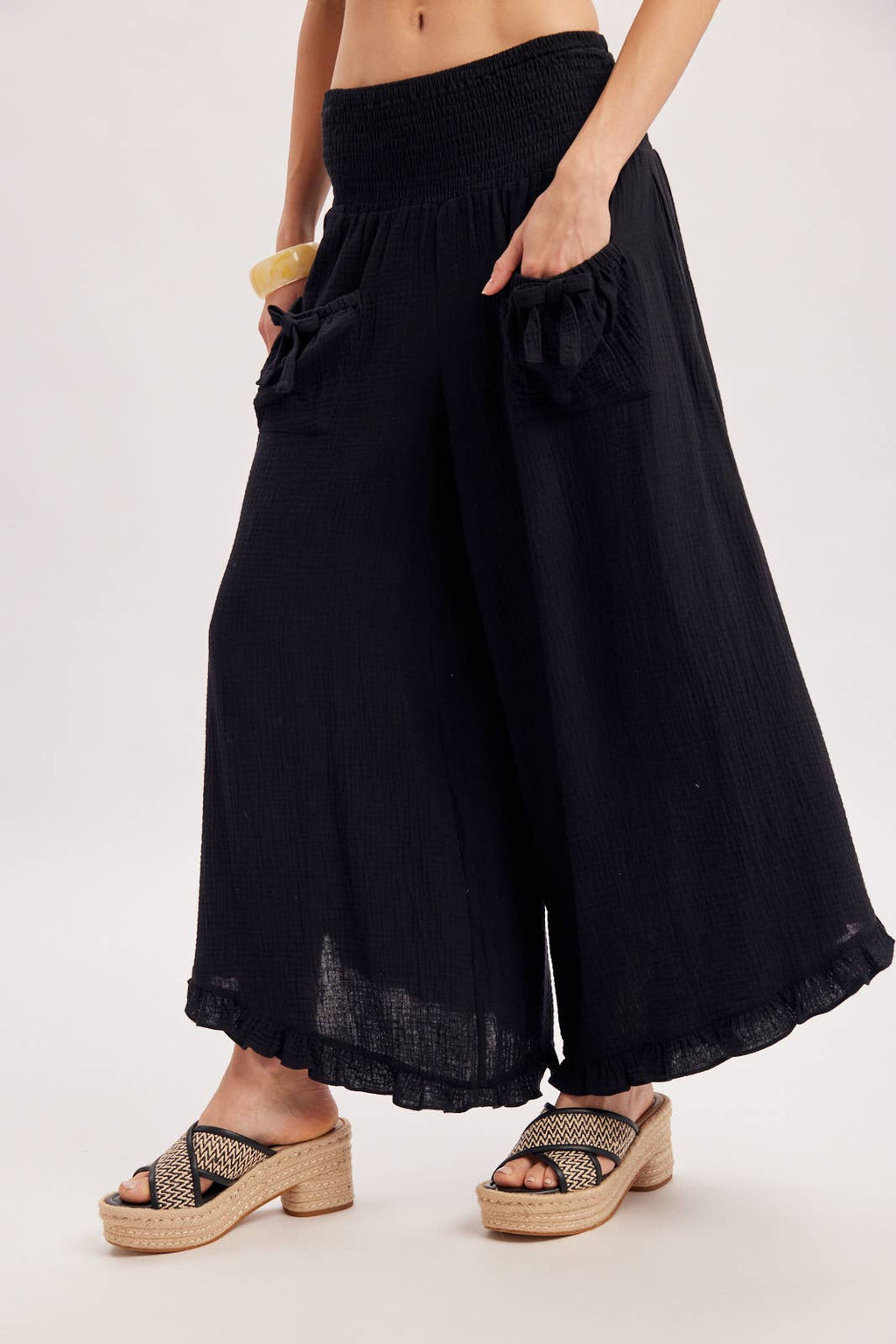 SMOCKED WAISTBAND RUFFLE TRIM WIDE LEG PANTS